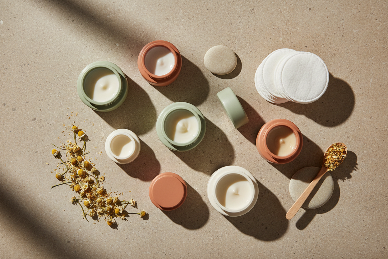 Sensory safe skin care creams and botanicals arranged on a calm, neutral surface — gentle aromatherapy products for neurodivergent wellbeing