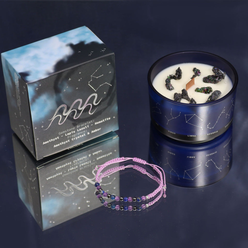 Zodiac Crystal Candle with Gemstone Bracelet - Aquarius - Burnt Orchid Organics