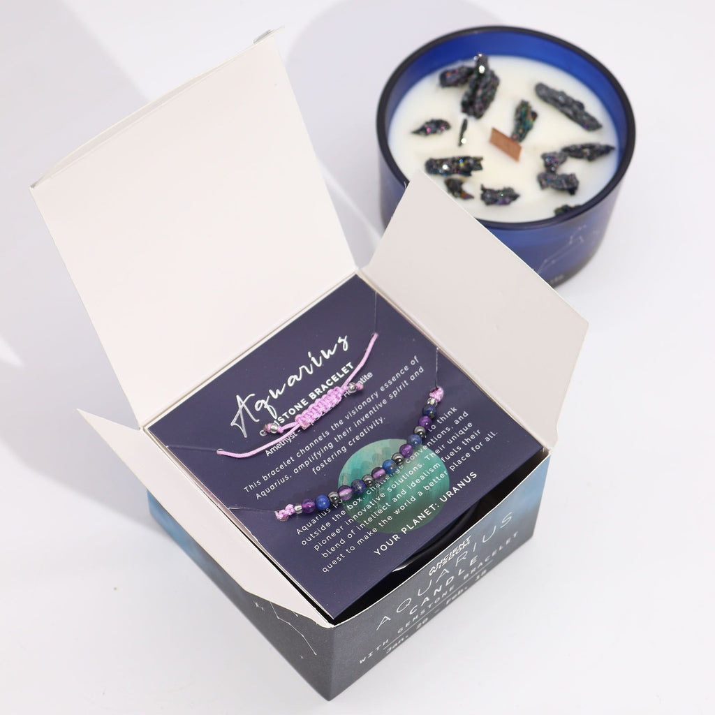 Zodiac Crystal Candle with Gemstone Bracelet - Aquarius - Burnt Orchid Organics