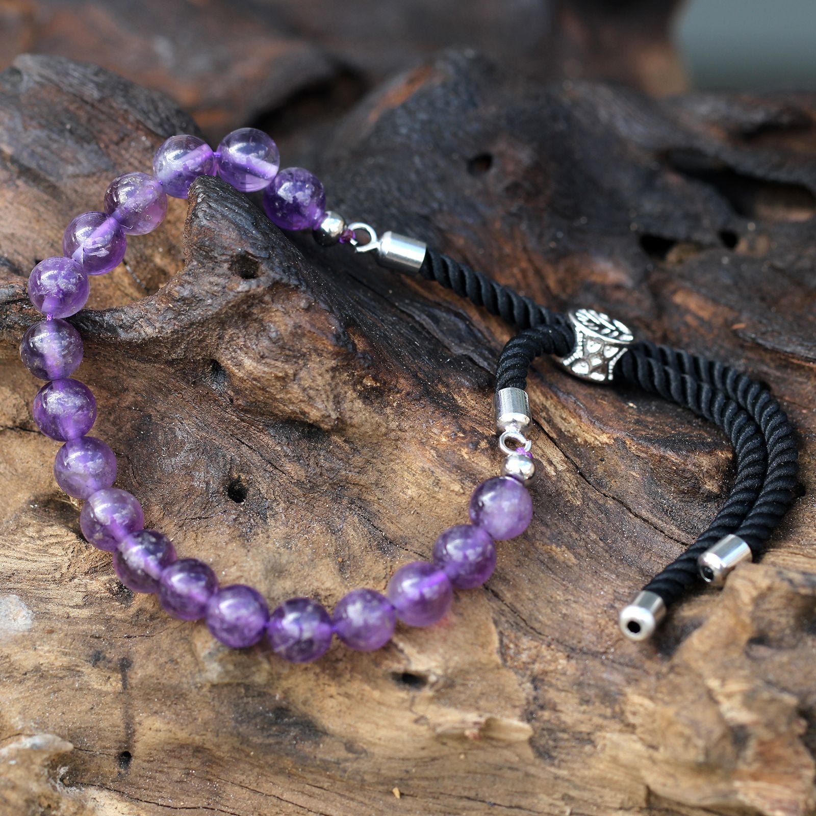 925 Silver Plated Gemstone Black String Bracelet - Amethyst - Burnt Orchid Organics