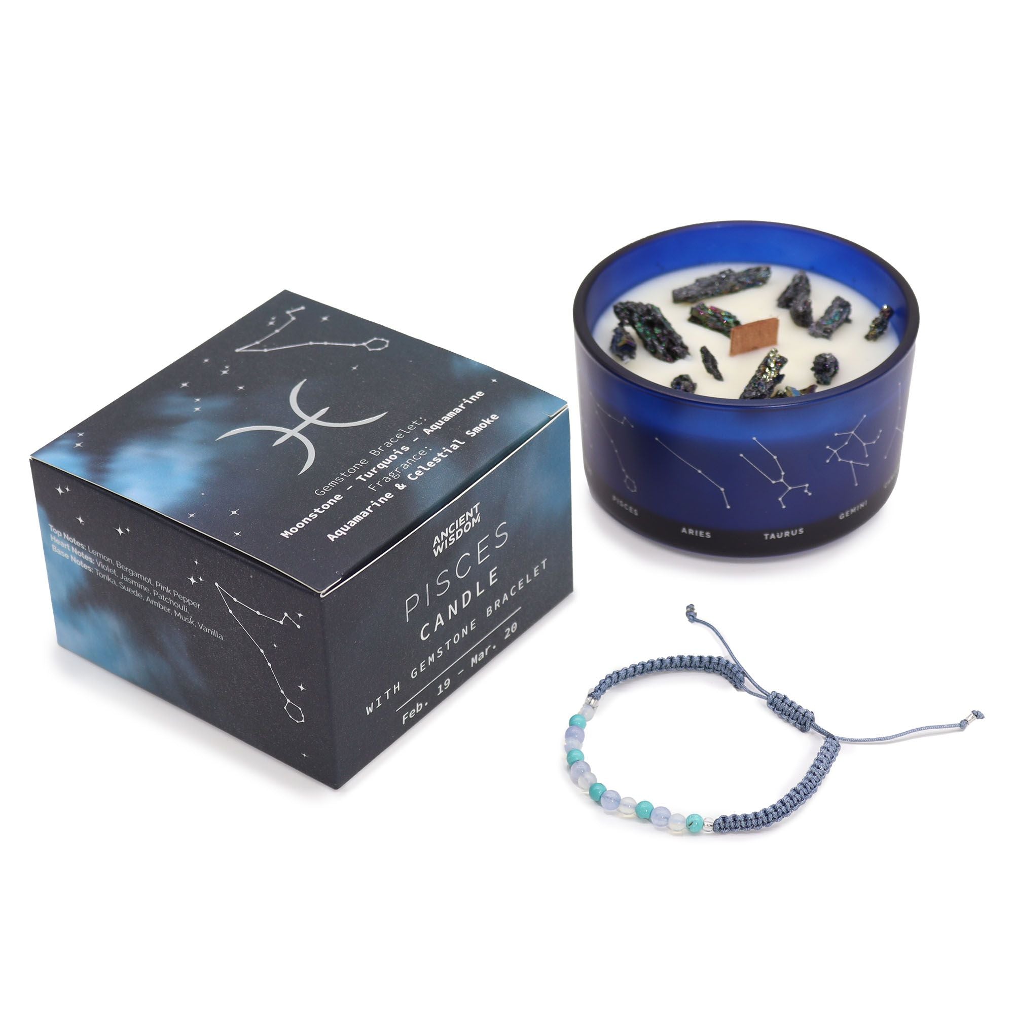 Zodiac Crystal Candle with Gemstone Bracelet - Pisces - Burnt Orchid Organics