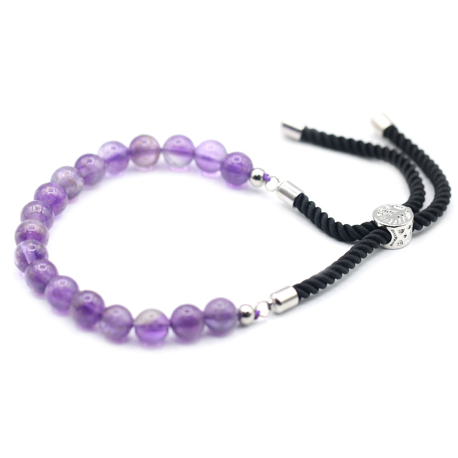 925 Silver Plated Gemstone Black String Bracelet - Amethyst - Burnt Orchid Organics