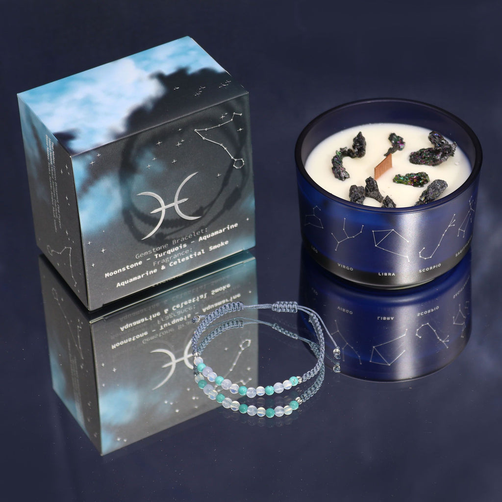 Zodiac Crystal Candle with Gemstone Bracelet - Pisces - Burnt Orchid Organics
