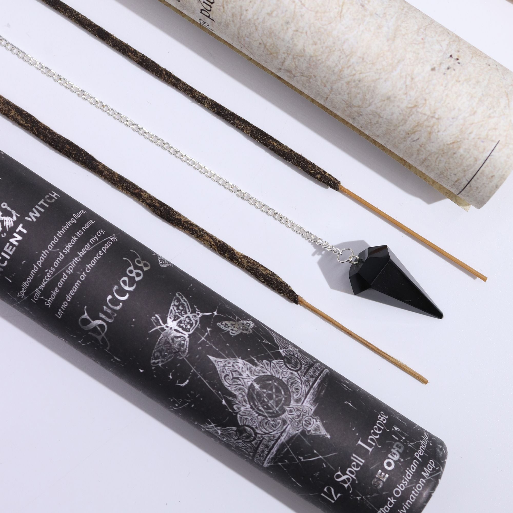 Ancient Witch Spell Incense - Success - Black Obsidian Pendulum - Burnt Orchid Organics