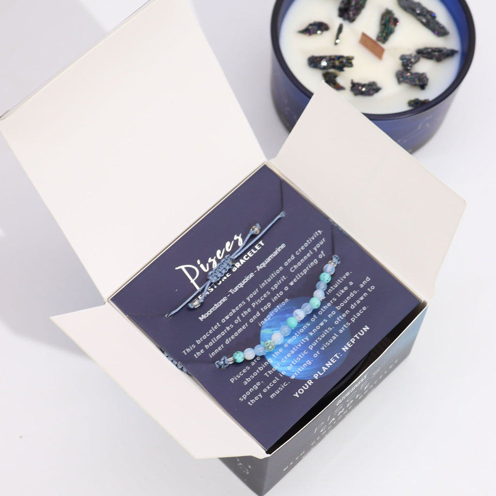 Zodiac Crystal Candle with Gemstone Bracelet - Pisces - Burnt Orchid Organics