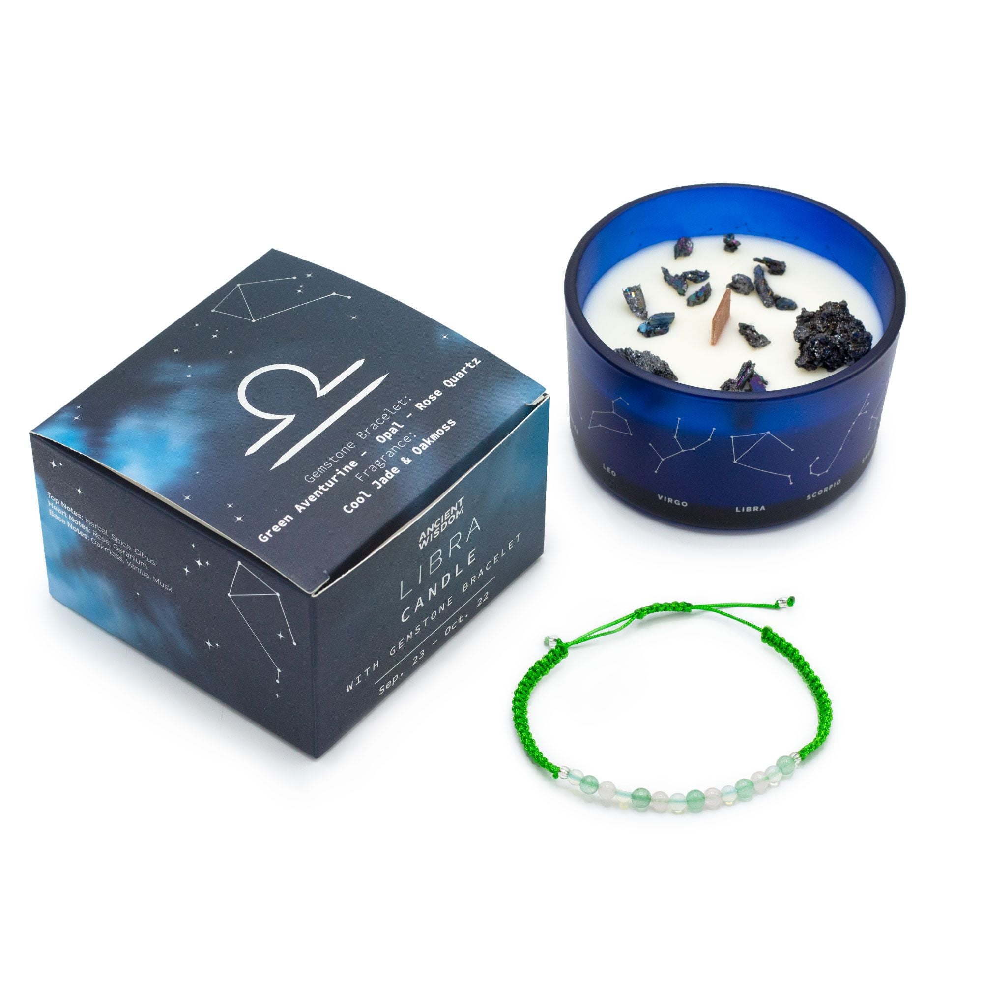 Zodiac Crystal Candle with Gemstone Bracelet - Libra - Burnt Orchid Organics