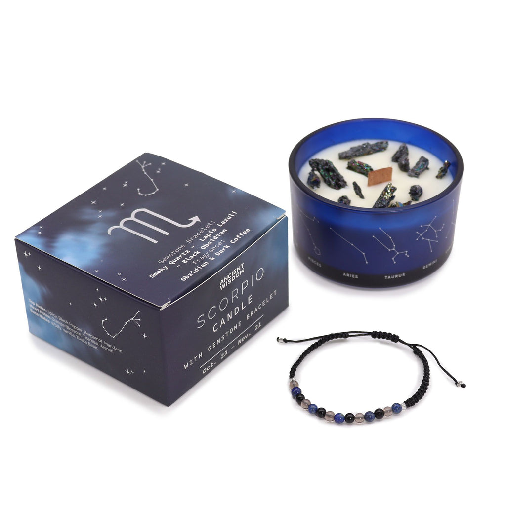 Zodiac Crystal Candle with Gemstone Bracelet - Scorpio - Burnt Orchid Organics