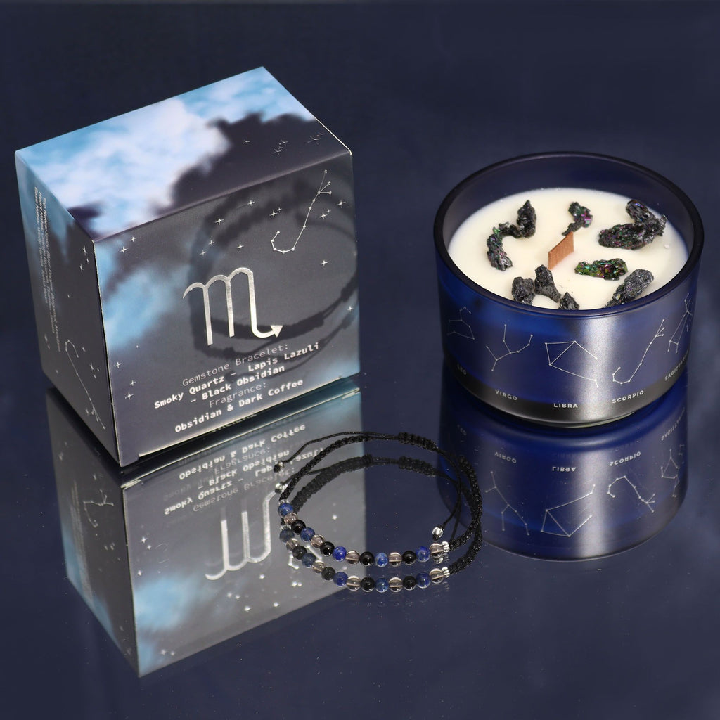 Zodiac Crystal Candle with Gemstone Bracelet - Scorpio - Burnt Orchid Organics
