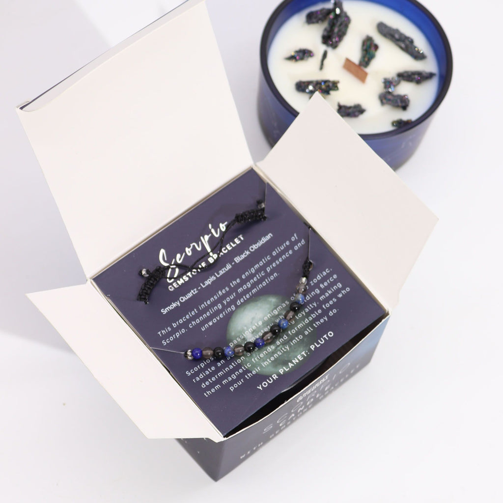 Zodiac Crystal Candle with Gemstone Bracelet - Scorpio - Burnt Orchid Organics