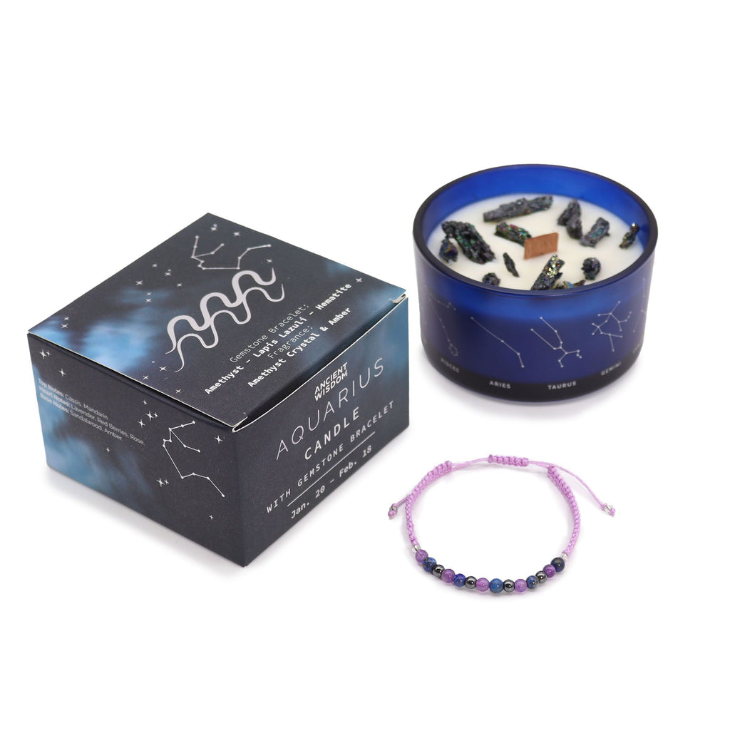 Zodiac Crystal Candle with Gemstone Bracelet - Aquarius - Burnt Orchid Organics