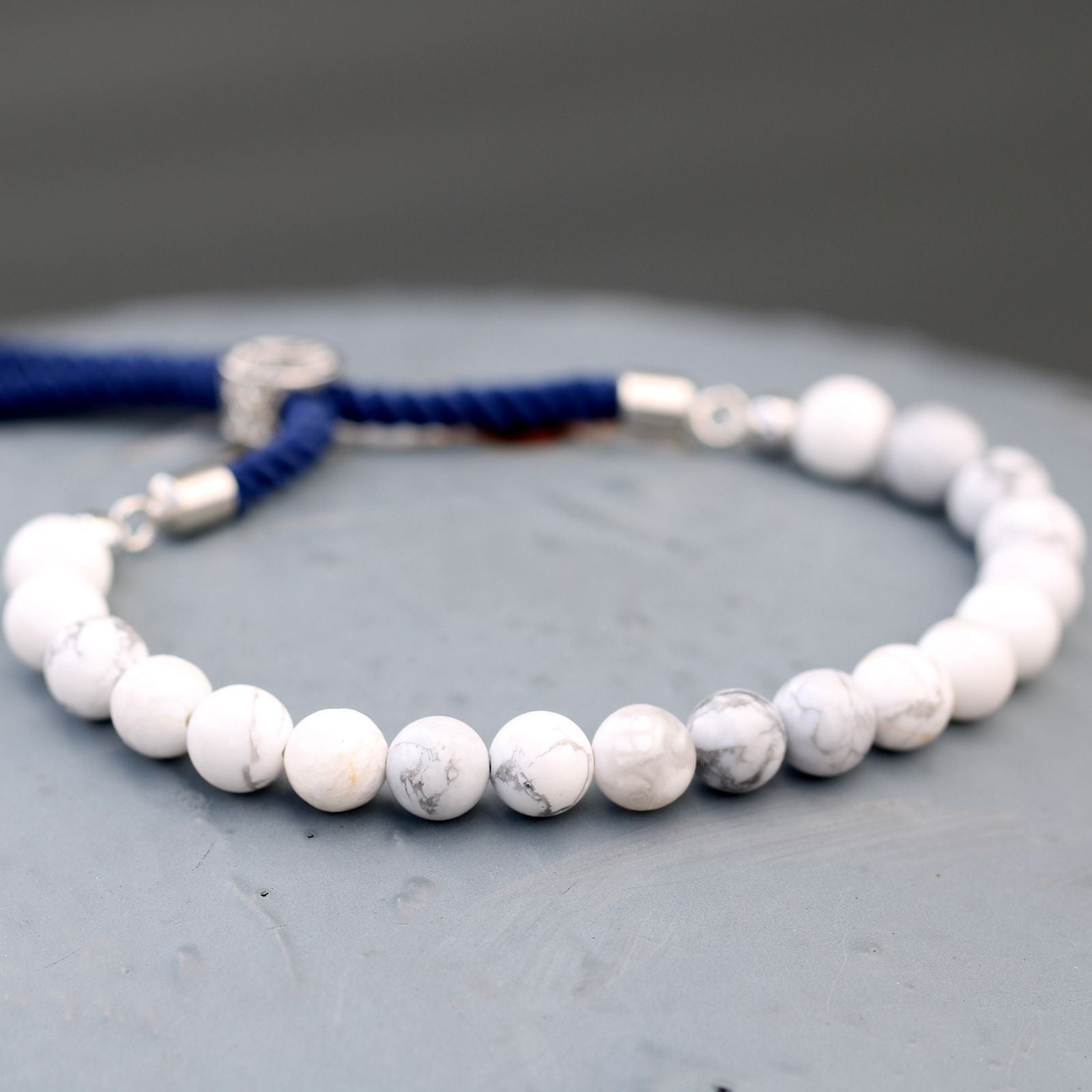 925 Silver Plated Gemstone Navy String Bracelet - White Howlite - Burnt Orchid Organics