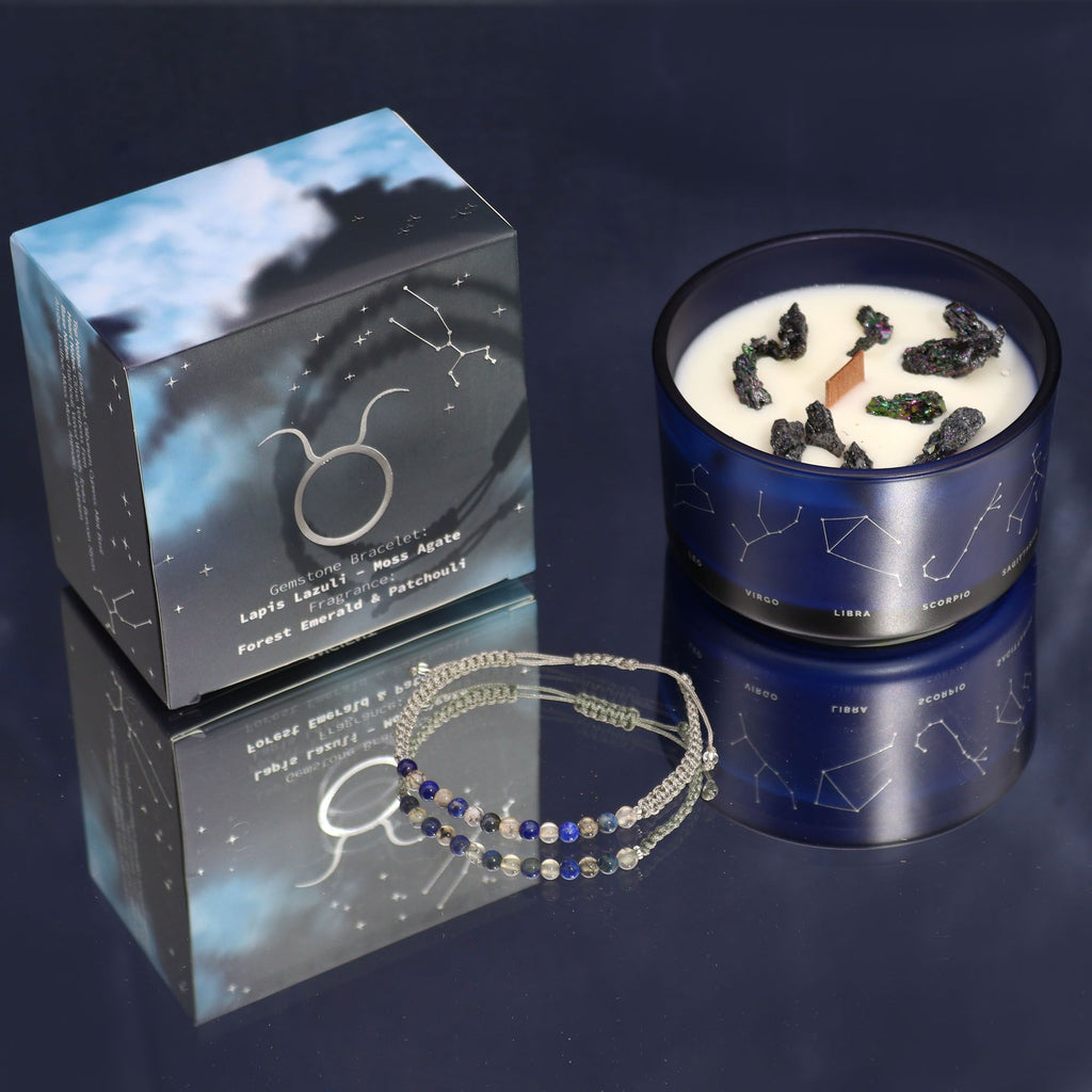 Zodiac Crystal Candle with Gemstone Bracelet - Taurus - Burnt Orchid Organics