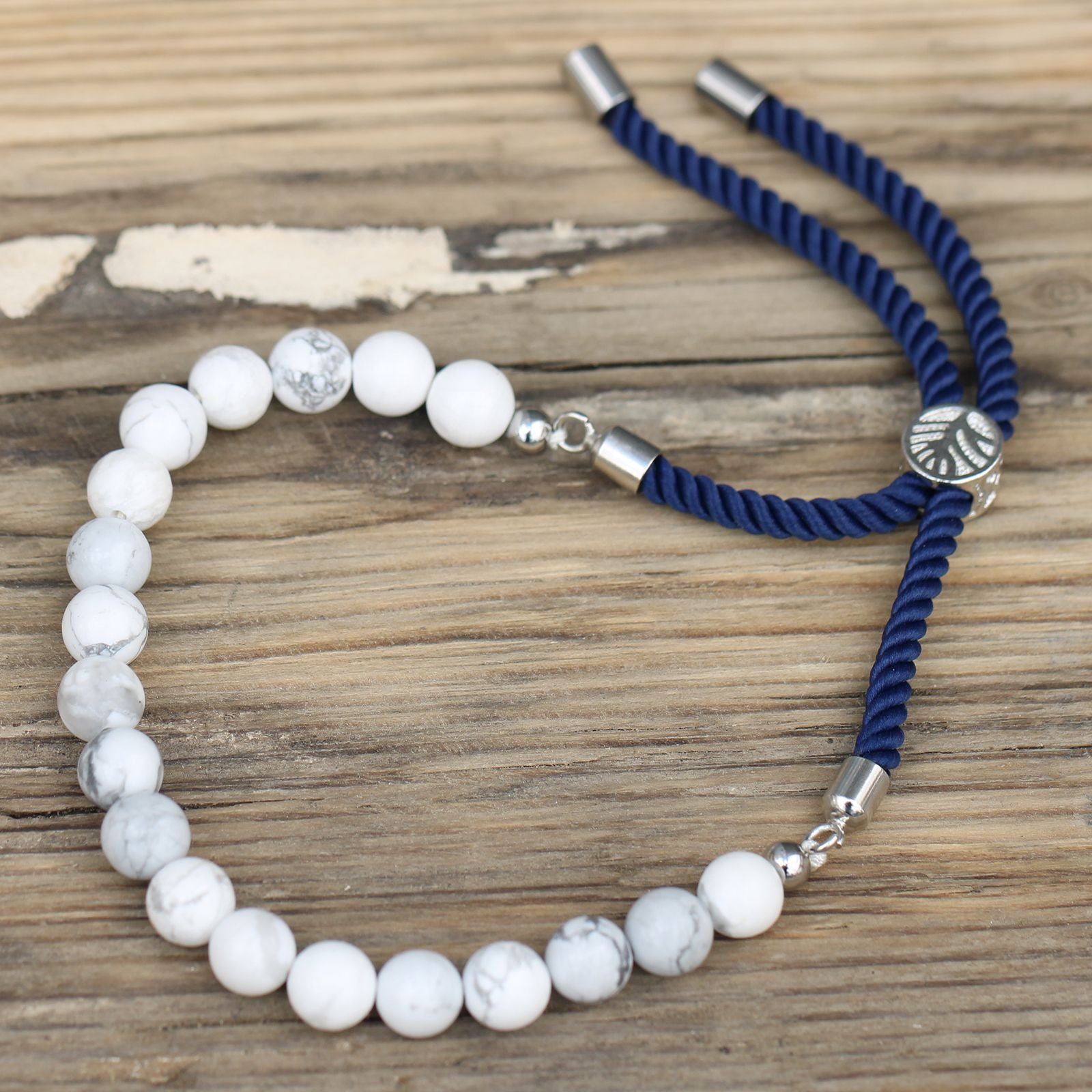 925 Silver Plated Gemstone Navy String Bracelet - White Howlite - Burnt Orchid Organics