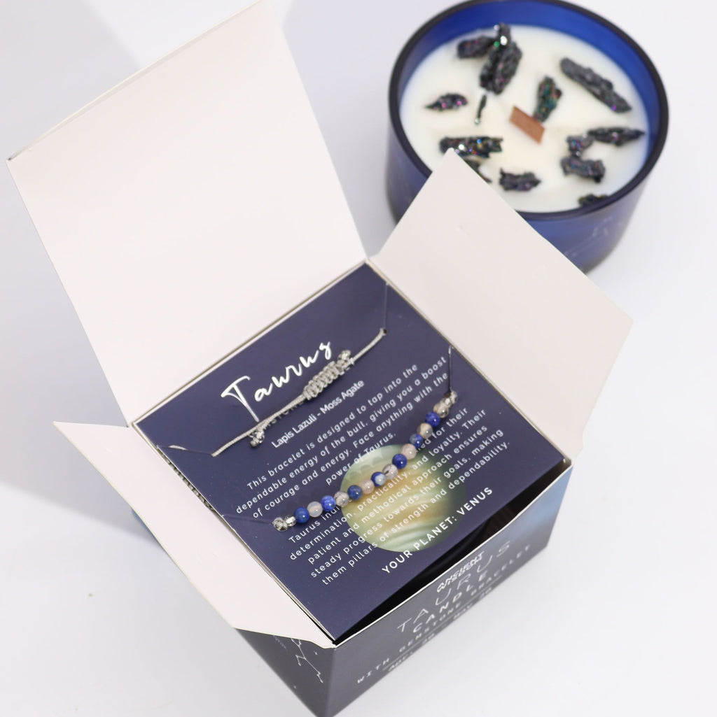 Zodiac Crystal Candle with Gemstone Bracelet - Taurus - Burnt Orchid Organics