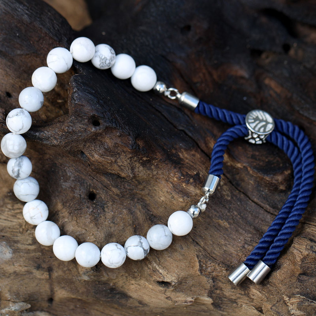 925 Silver Plated Gemstone Navy String Bracelet - White Howlite - Burnt Orchid Organics