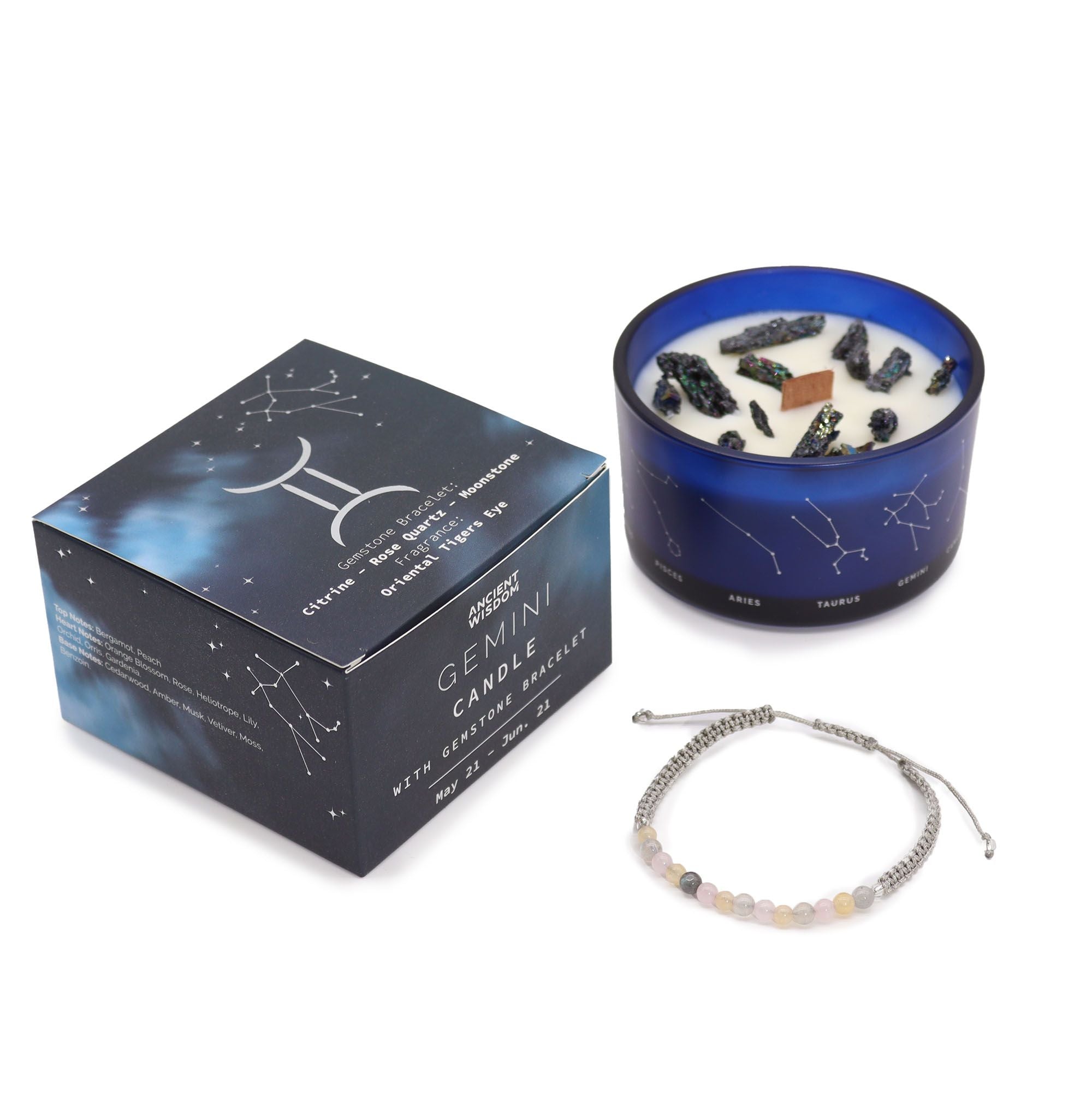 Zodiac Crystal Candle with Gemstone Bracelet - Gemini - Burnt Orchid Organics