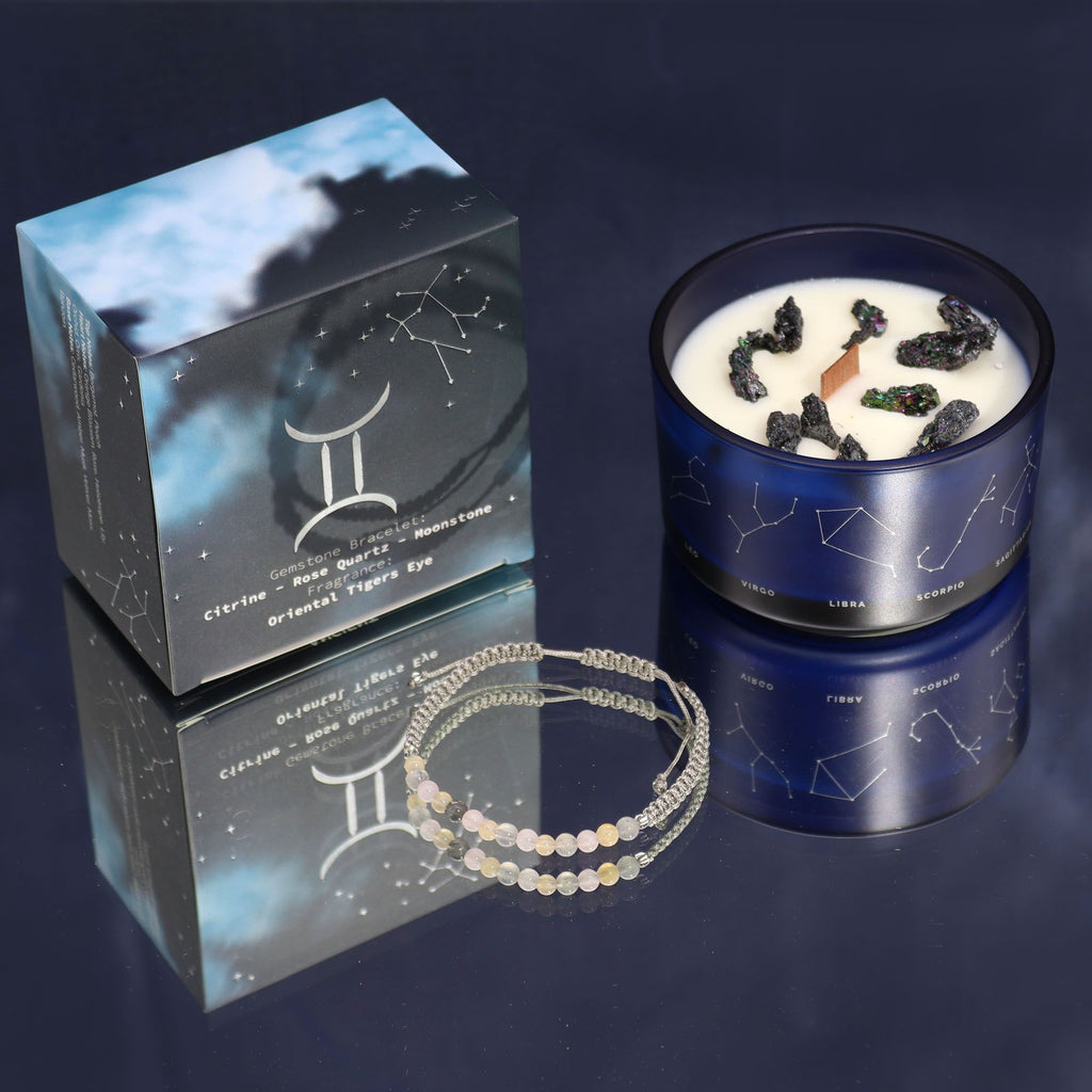 Zodiac Crystal Candle with Gemstone Bracelet - Gemini - Burnt Orchid Organics