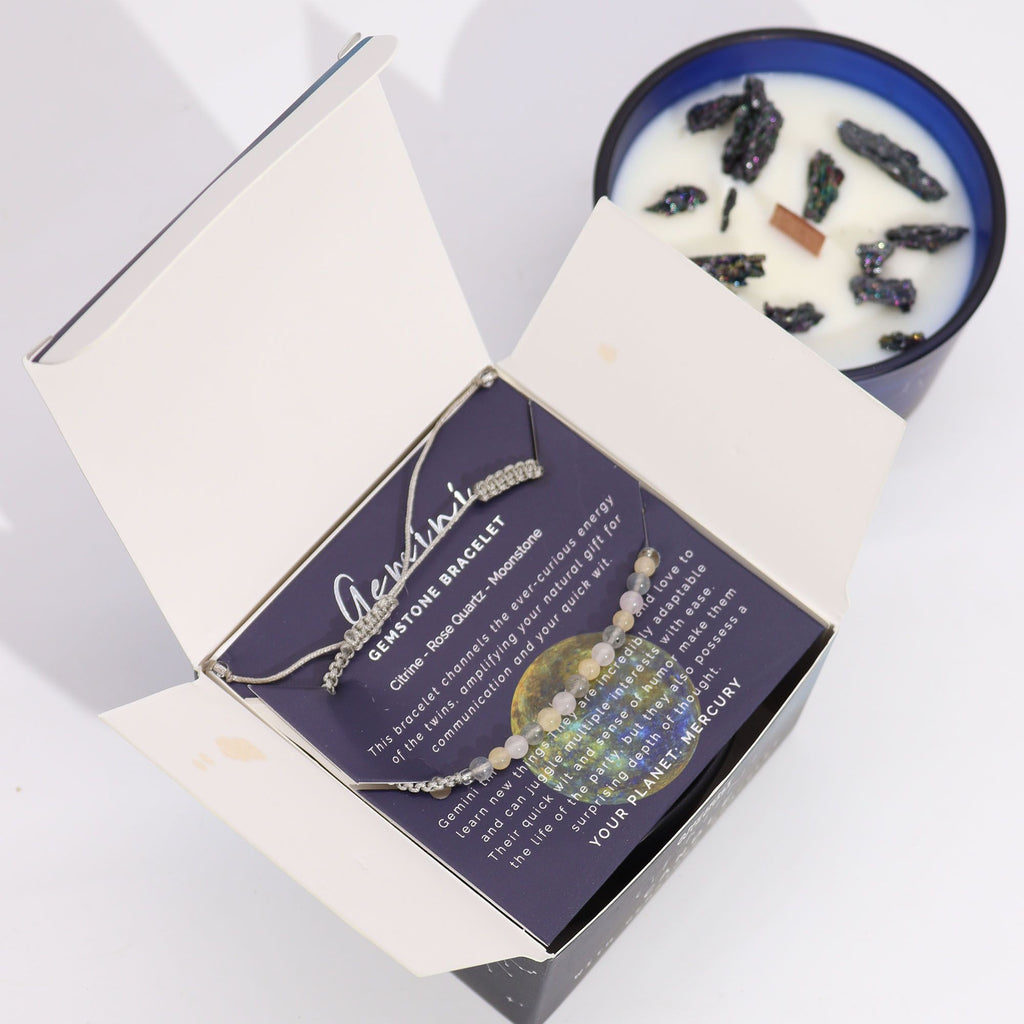 Zodiac Crystal Candle with Gemstone Bracelet - Gemini - Burnt Orchid Organics