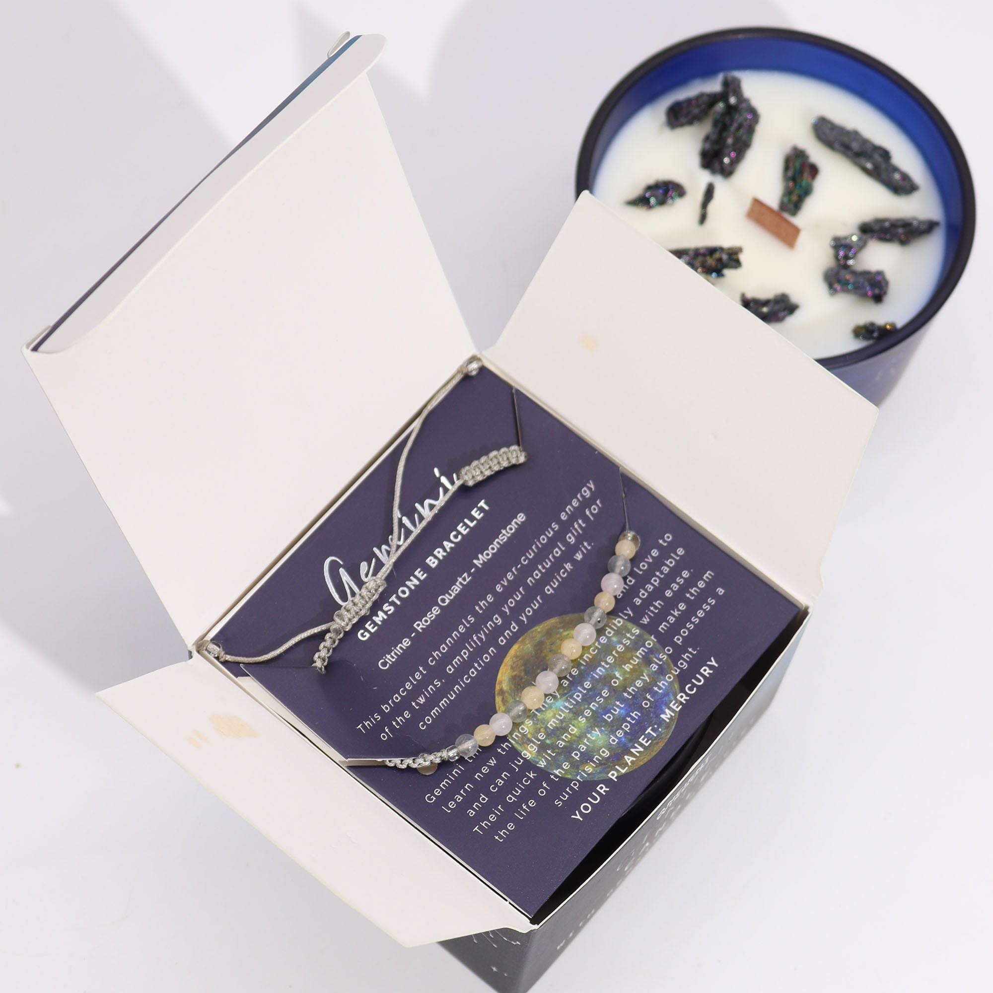 Zodiac Crystal Candle with Gemstone Bracelet - Gemini - Burnt Orchid Organics