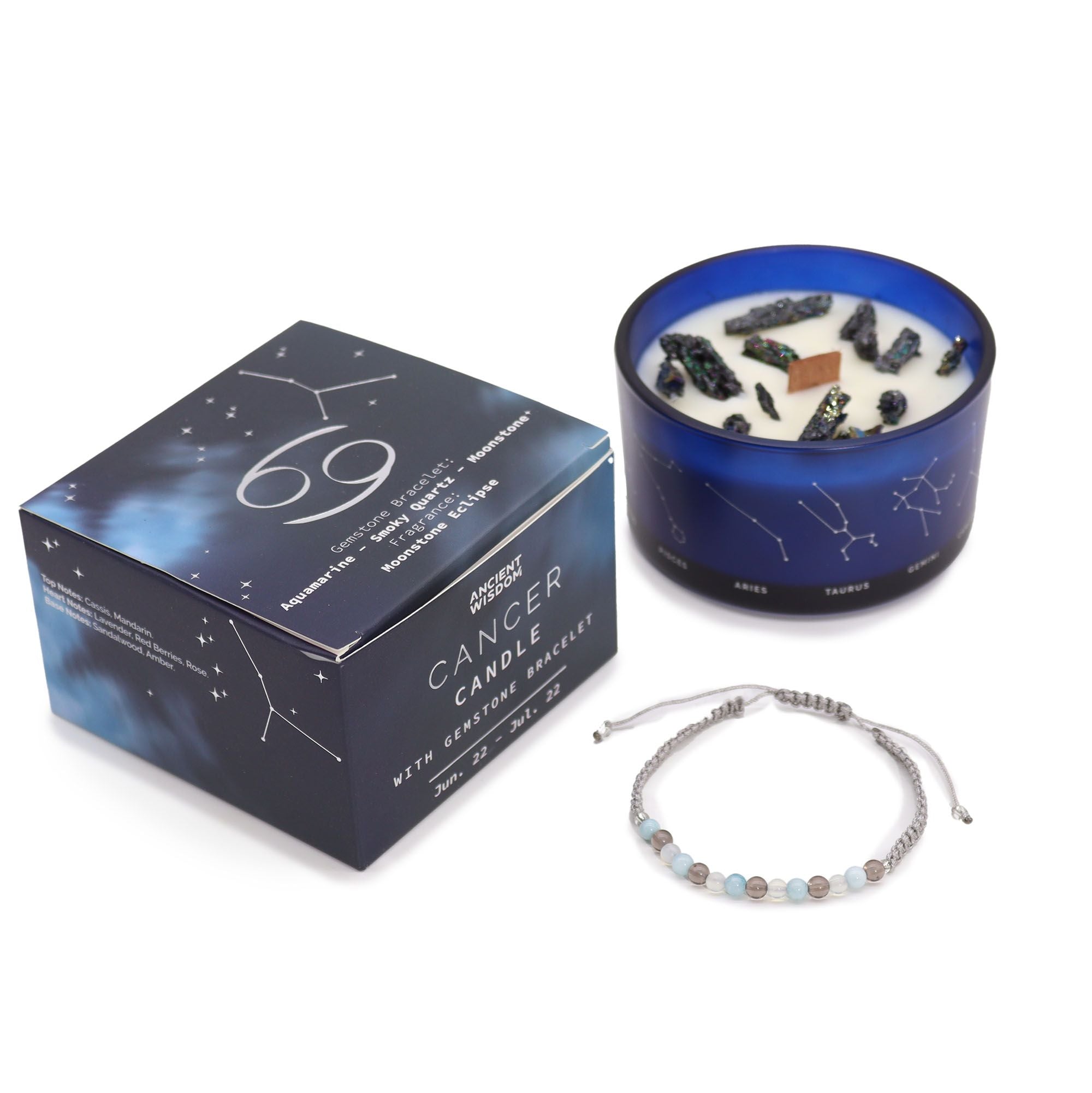 Zodiac Crystal Candle with Gemstone Bracelet - Cancer - Burnt Orchid Organics