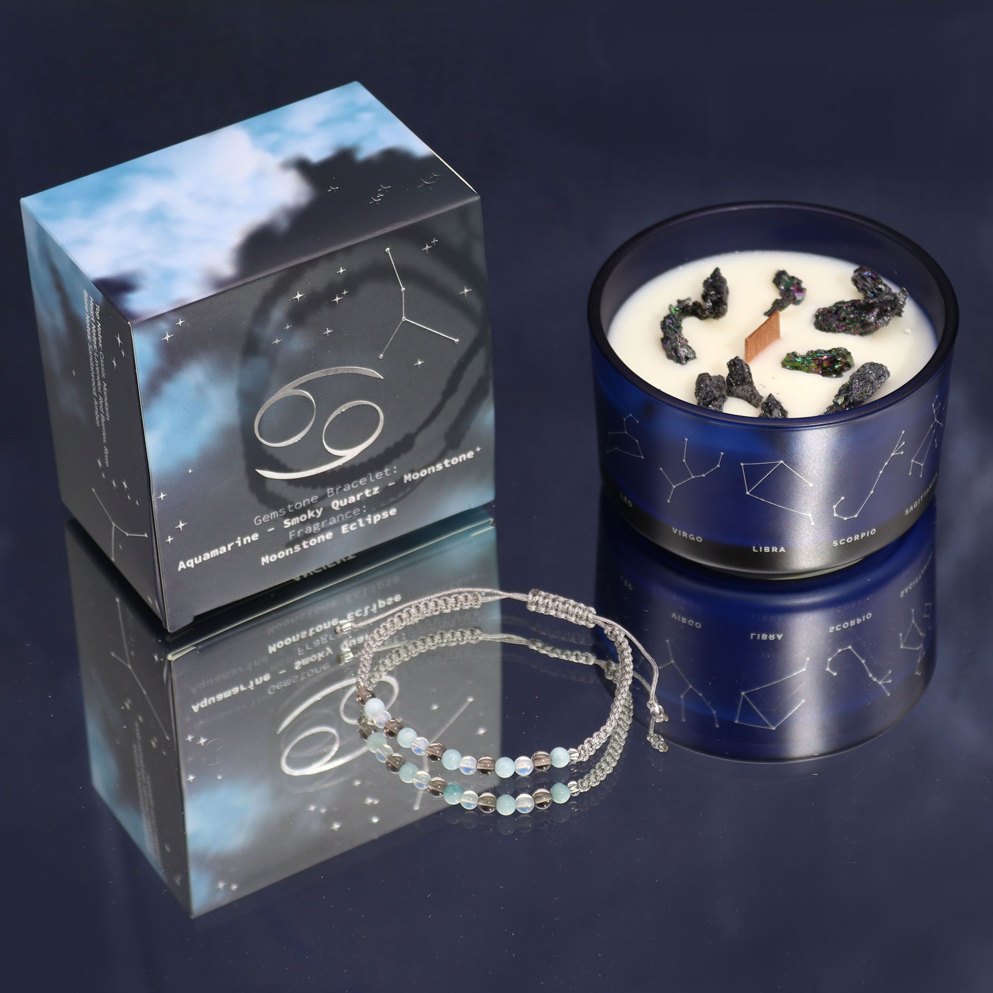 Zodiac Crystal Candle with Gemstone Bracelet - Cancer - Burnt Orchid Organics