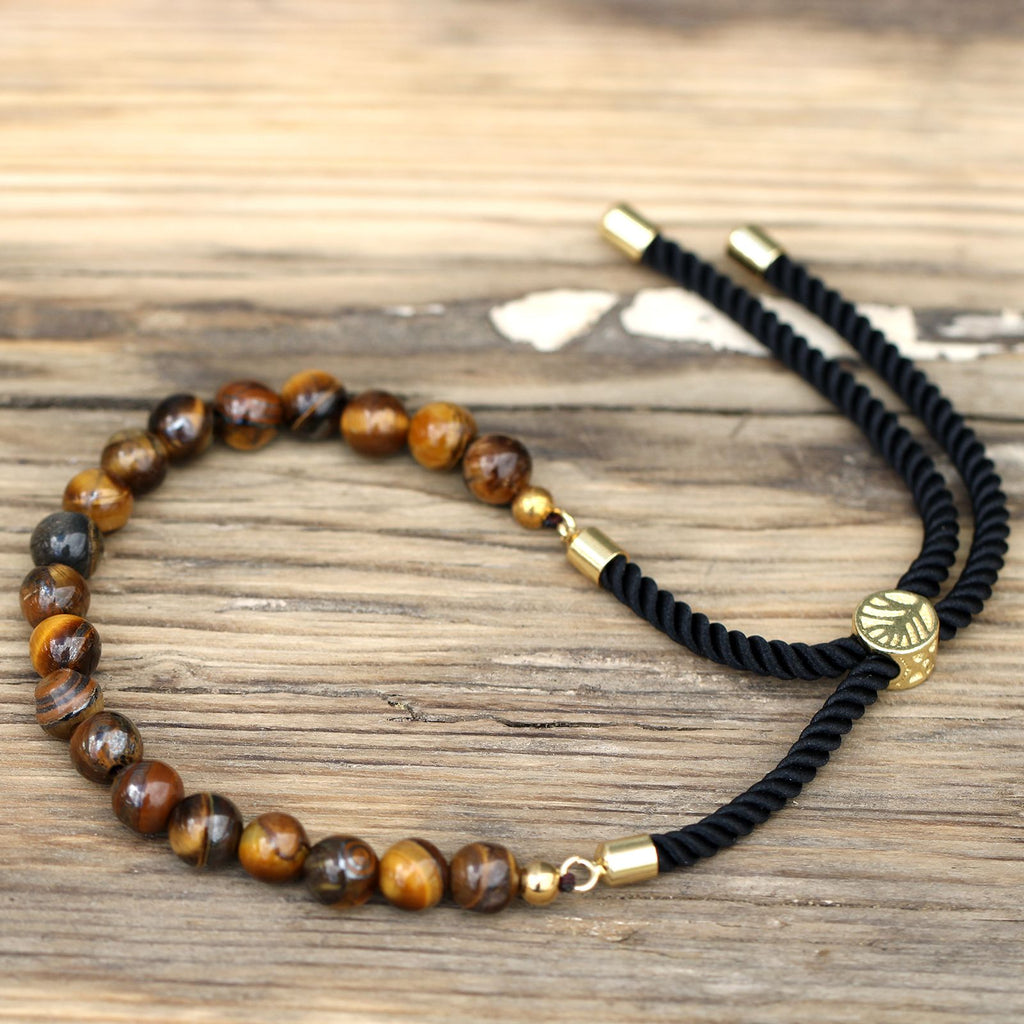 18K Gold Plated Gemstone Black String Bracelet - Tiger Eye - Burnt Orchid Organics