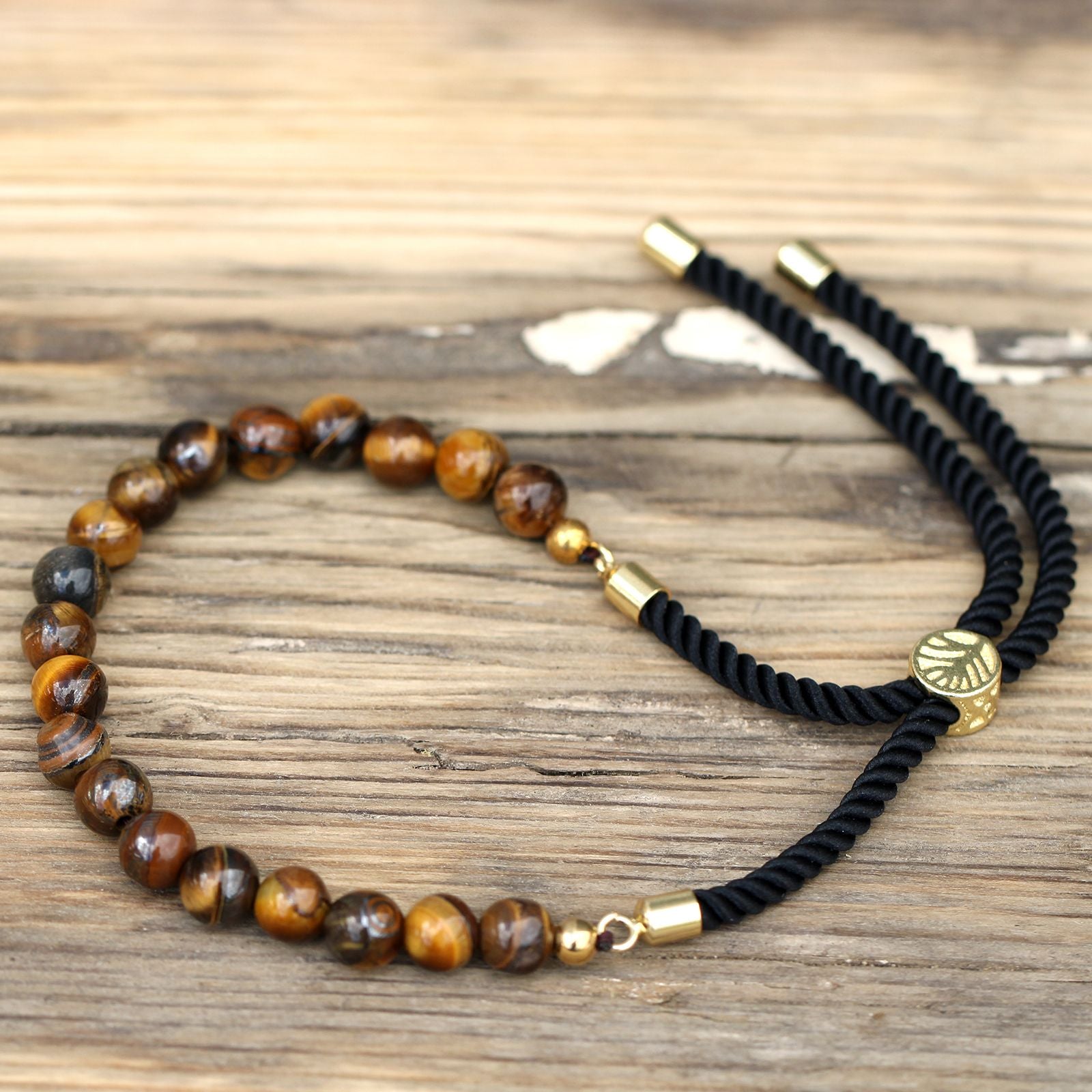 18K Gold Plated Gemstone Black String Bracelet - Tiger Eye - Burnt Orchid Organics