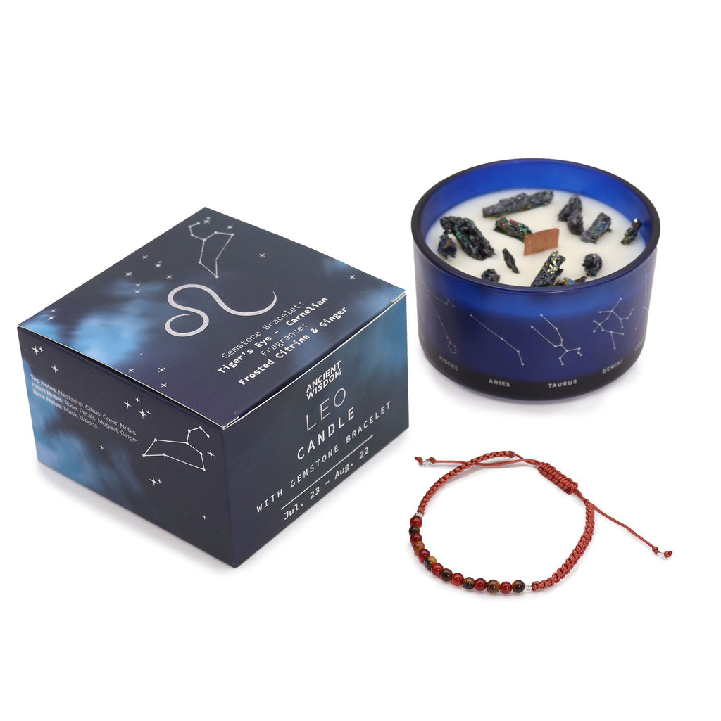 Zodiac Crystal Candle with Gemstone Bracelet - Leo - Burnt Orchid Organics