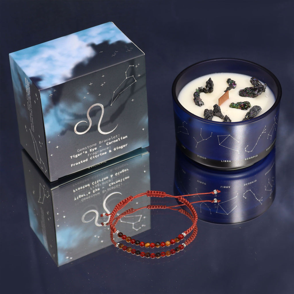 Zodiac Crystal Candle with Gemstone Bracelet - Leo - Burnt Orchid Organics