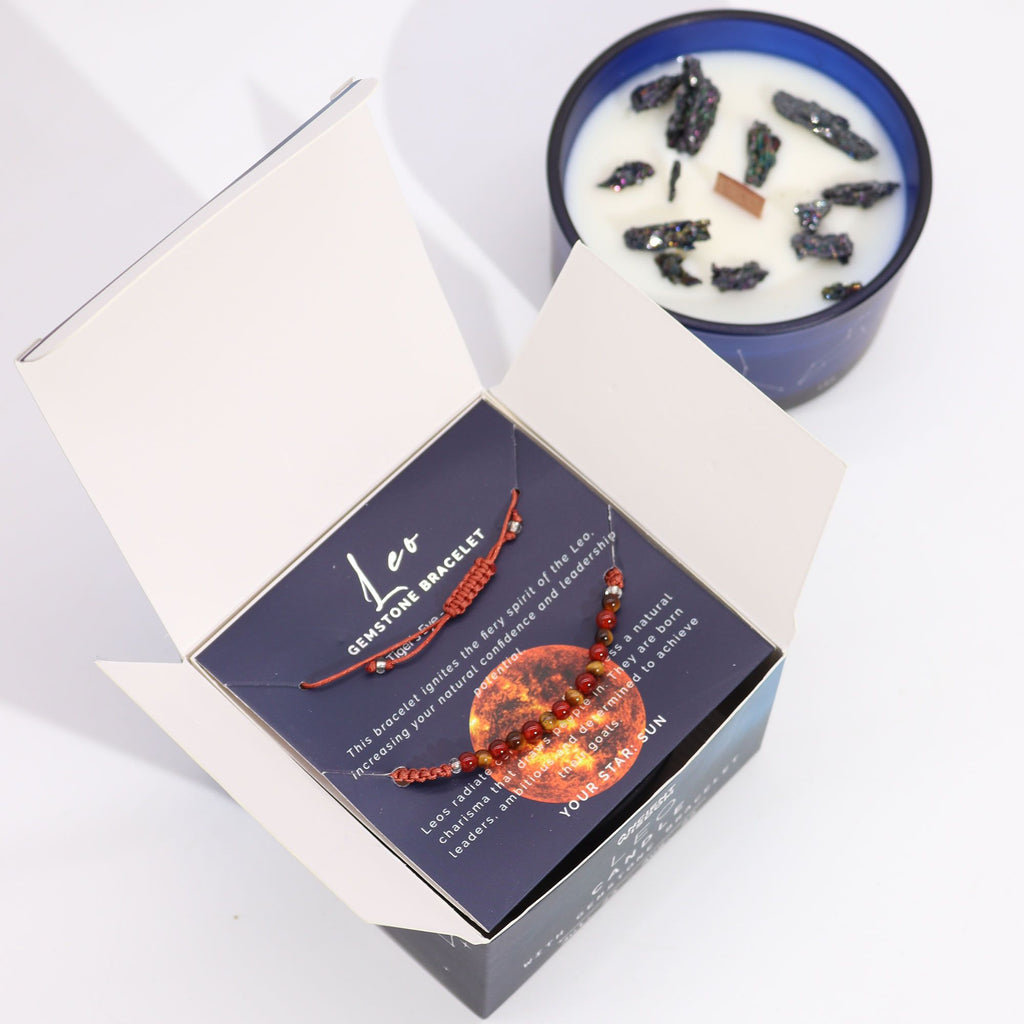 Zodiac Crystal Candle with Gemstone Bracelet - Leo - Burnt Orchid Organics