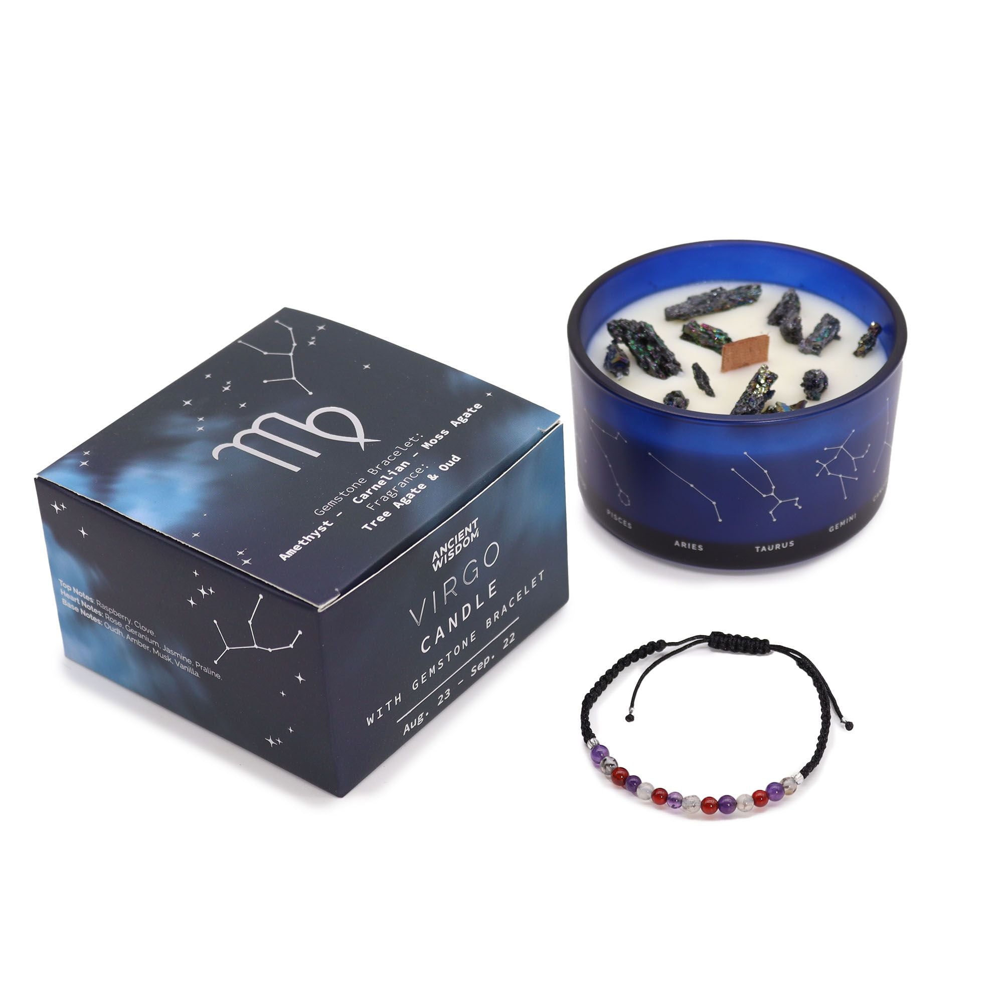 Zodiac Crystal Candle with Gemstone Bracelet - Virgo - Burnt Orchid Organics
