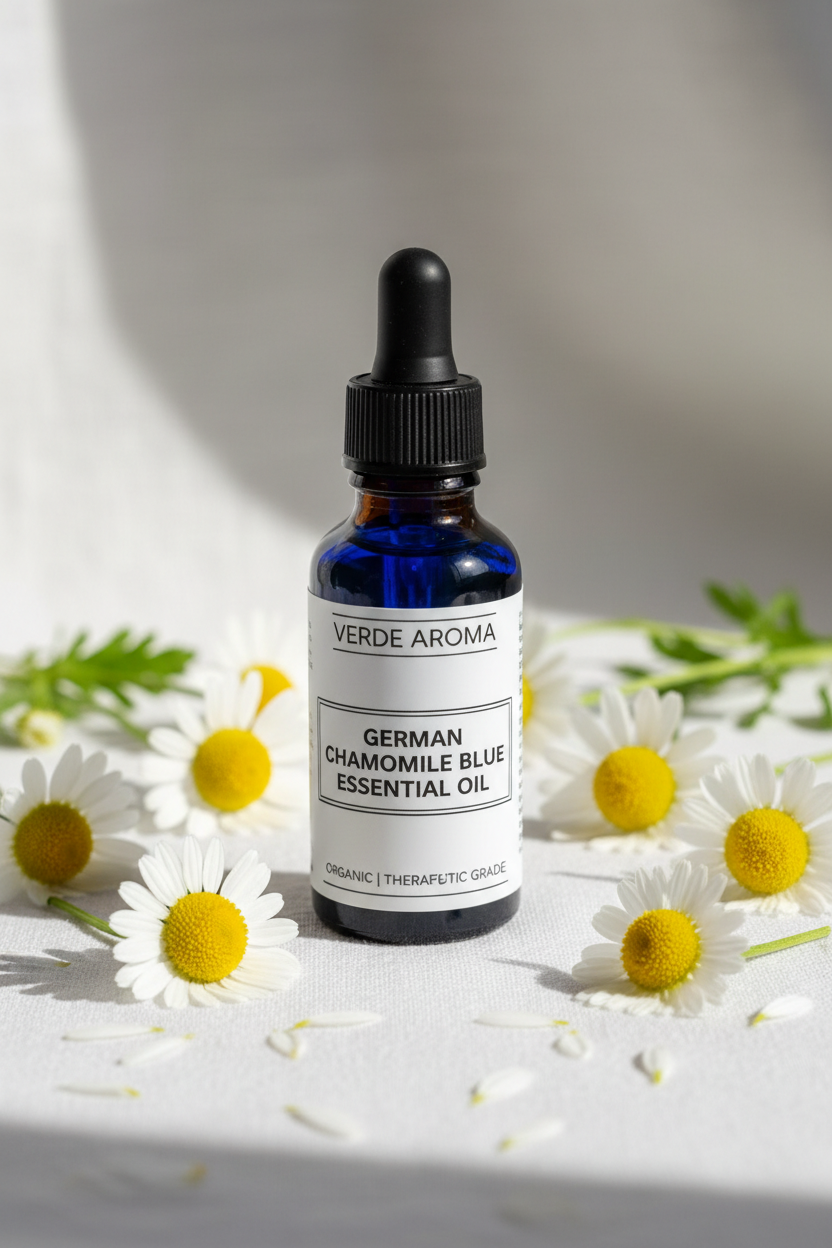 Bottle of Verde Aroma German Chamomile Blue Essential Oil surrounded by flowers on a light background