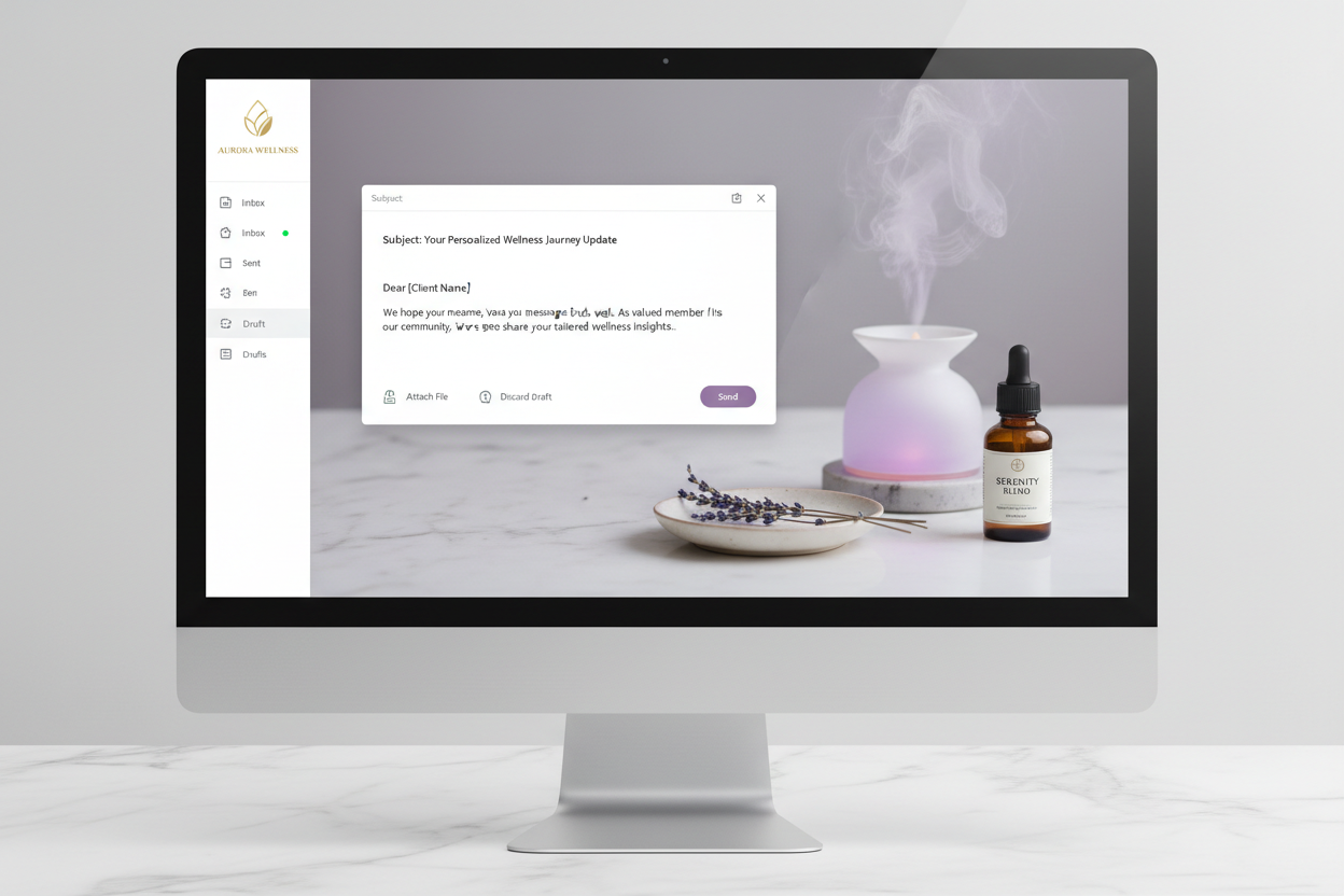 Computer monitor displaying a wellness app interface with essential oils and a diffuser on a desk.