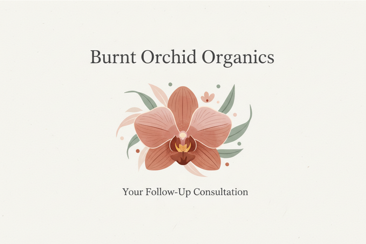 Burnt Orchid Organics logo with an orchid flower on a light gray background