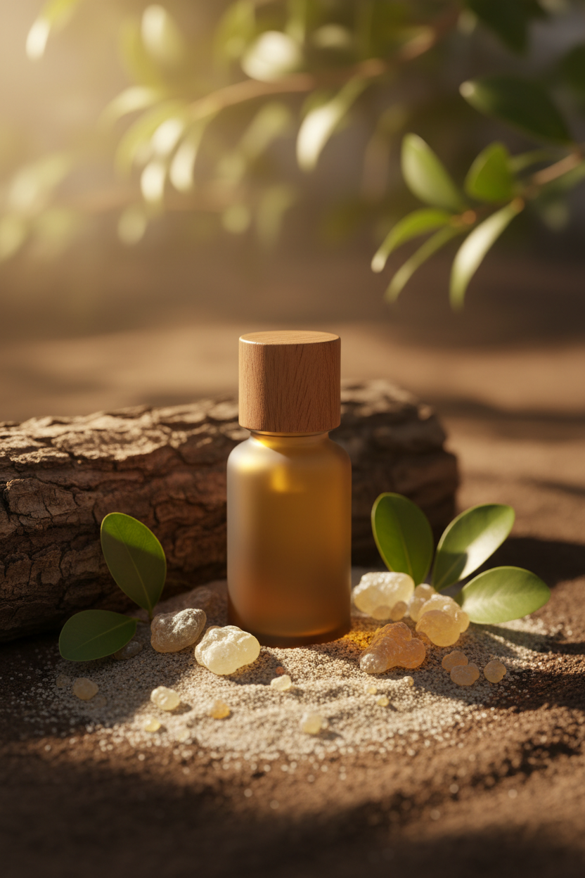 Amber glass bottle with wooden cap on a sandy surface with green leaves and stones.
