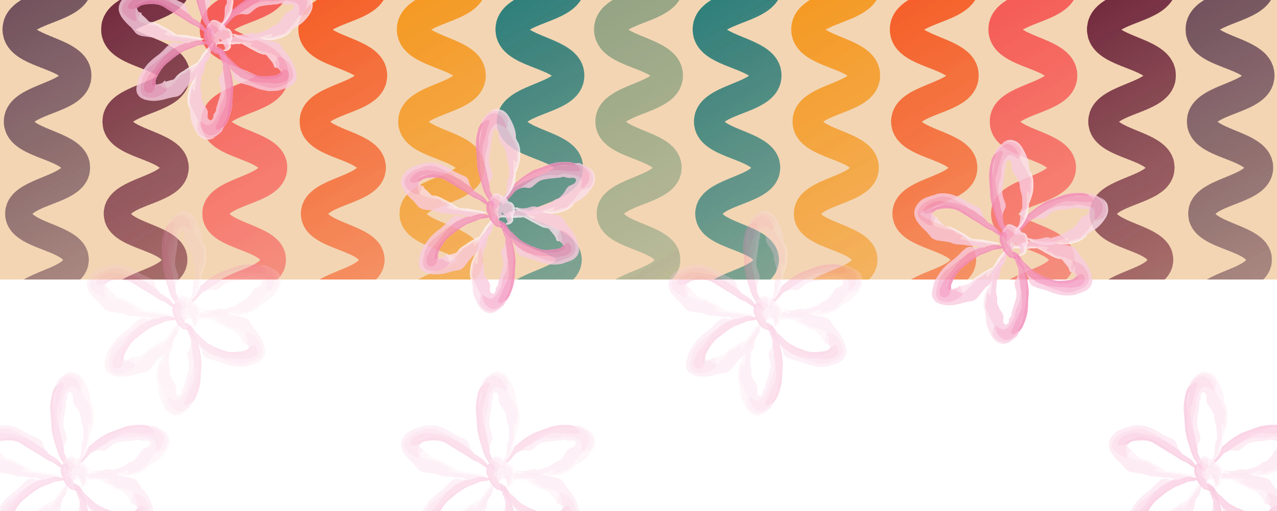 Colorful wavy patterns with pink flowers on a light background