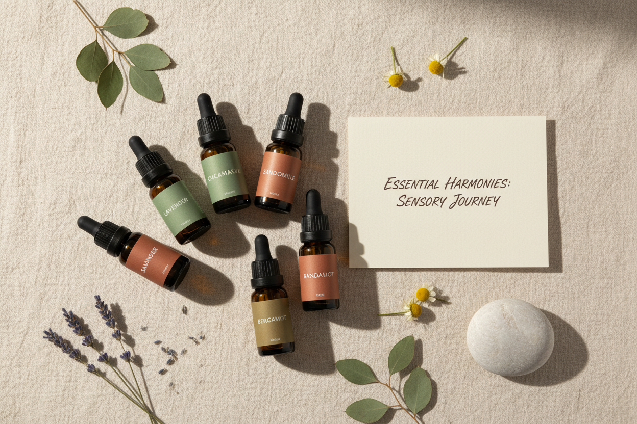 Collection of essential oil dropper bottles with a card labeled 'Essential Harmonies Sensory Journey' on a textured beige background.