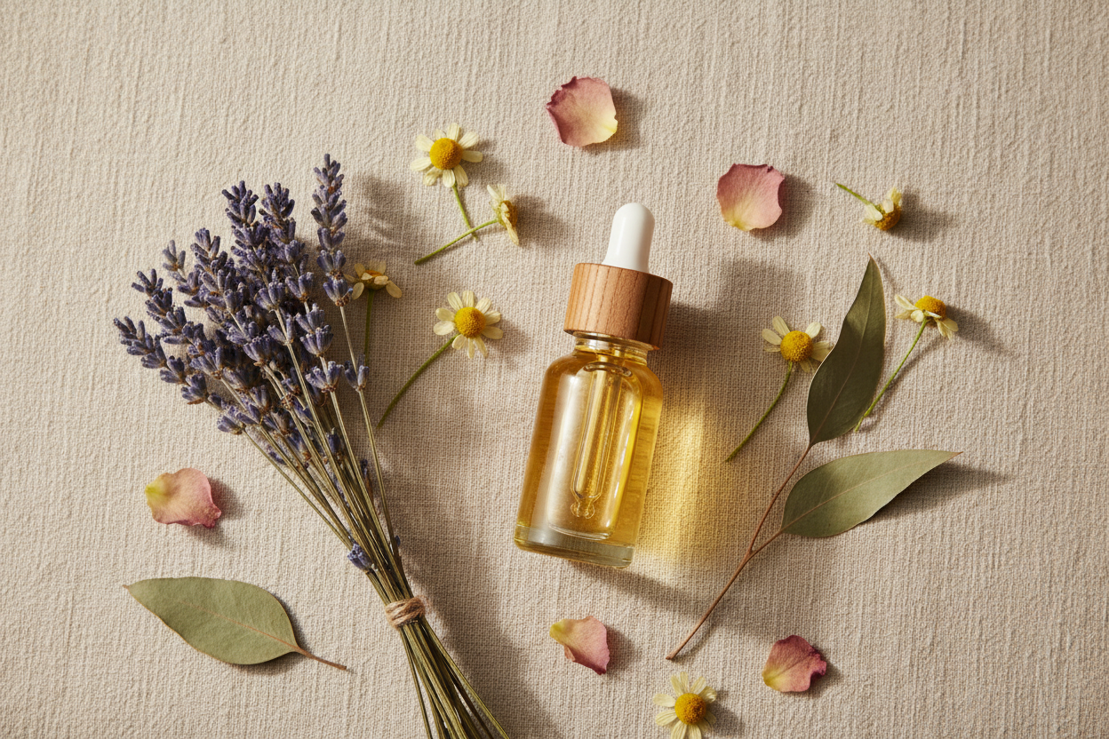 Glass dropper bottle with a wooden cap surrounded by lavender and flowers on a textured beige surface