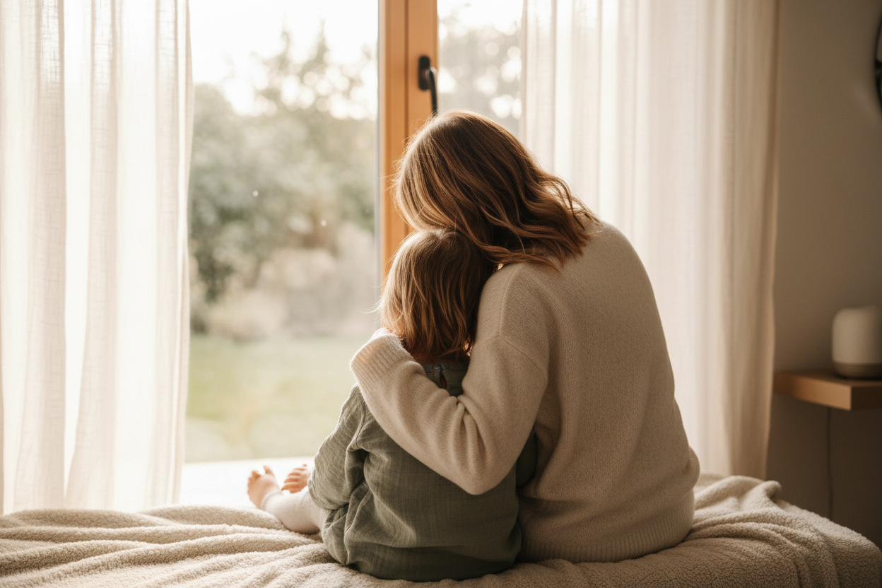 Mother and child sitting together on a bed looking out a window with soft light filtering through curtains.
